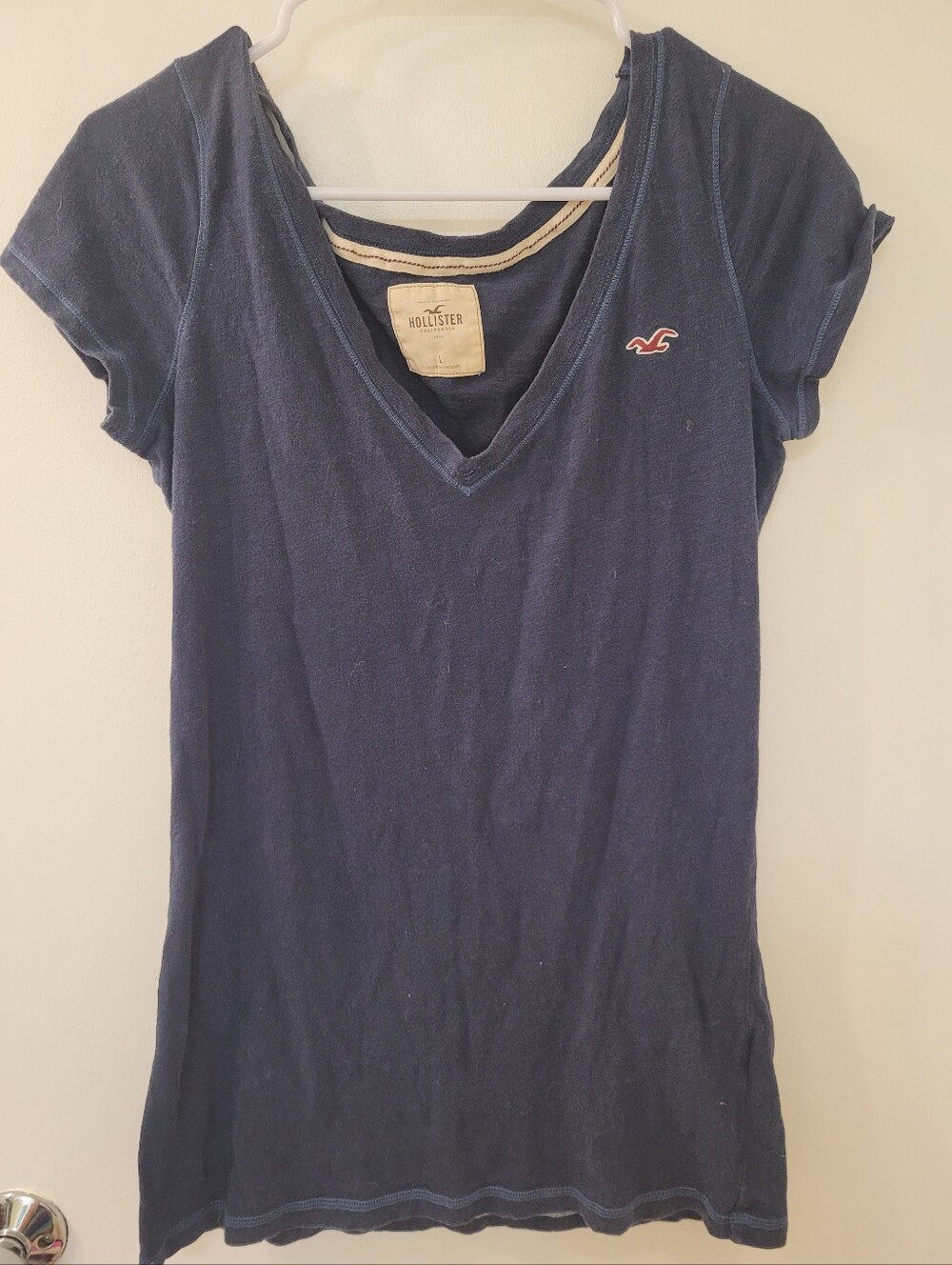 Hollister Navy V-Neck Short Sleeve Tee with Red Logo